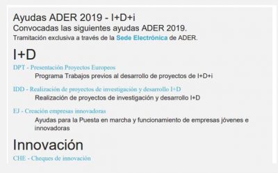 Ayudas ADER 2019 – I+D+i Convocadas las siguientes ayudas ADER 2019.
